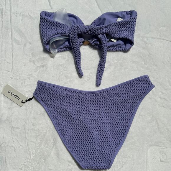 Montce Tori Ties Bandeau Bikini Top Lavender Crochet AC Lulu Bottoms Size XL NWT - Picture 5 of 14